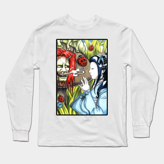 Japanese Alice in Wonderland and Caterpillar - Black Outlined Version Long Sleeve T-Shirt by Nat Ewert Art